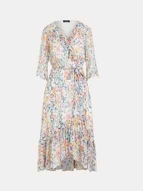 NWT Polo Ralph Lauren Floral Crinkled Chiffon Wrap Dress Size 14